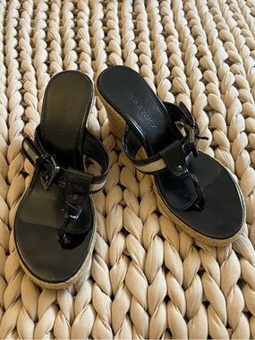 Burberry Black Patent Wedge Thong Sandals with Rope-Wrapped Heel